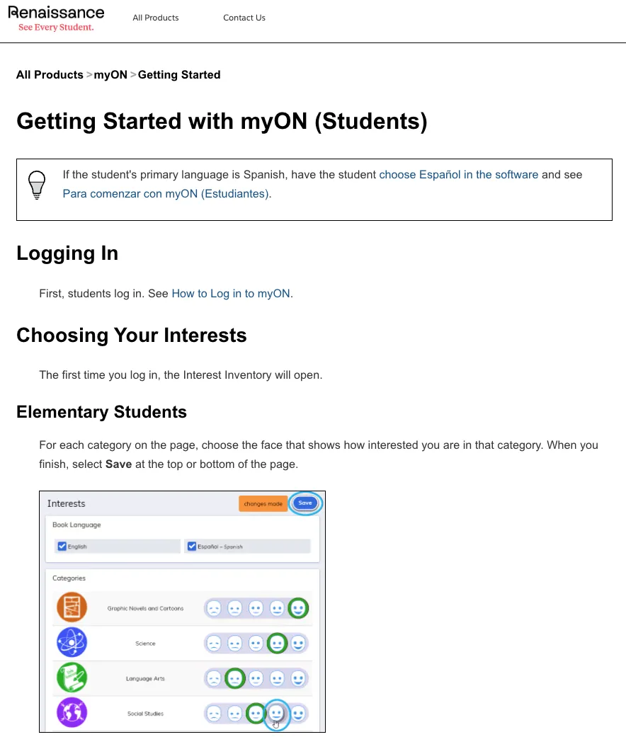 Screen shot of the Getting Started with myON for Students help article