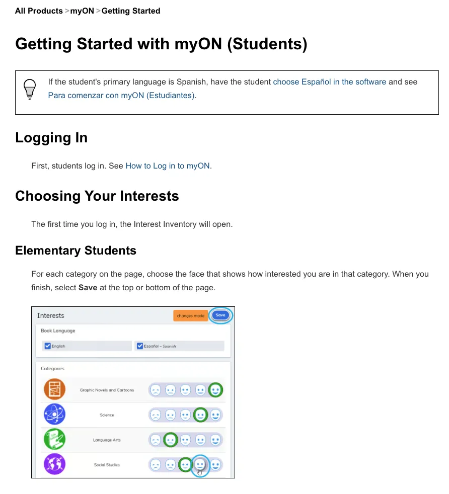 Screen shot of the myON Resources and Mobile App help page