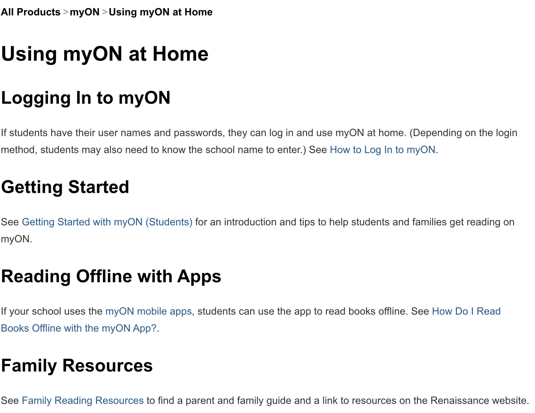 Screen shot of the Using myON at home help article